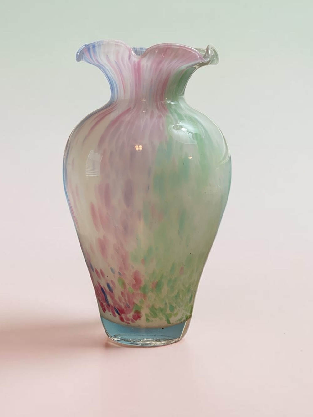 Murano Art Glass Vase – Hand Blown Multicolor Pastel – Ruffled Rim